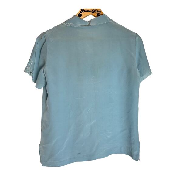 Womens Vintage 50s Hand Embroidered Light Blue short sleeved Silk Blouse Size S - Picture 5 of 8